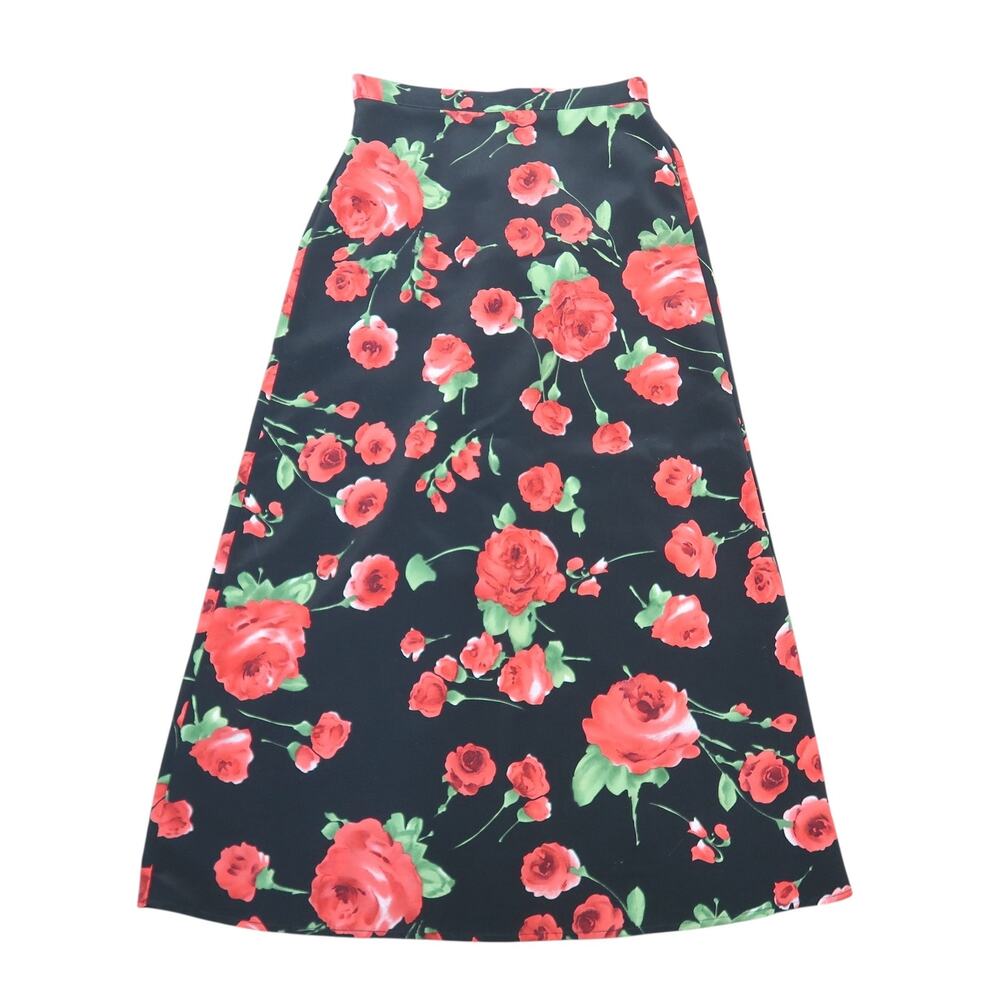 Vintage 90s Amy Byer Black and Red Rose Floral Midi Skirt S